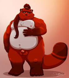 2014 anthro balls belly canid canine damingo flaccid hi_res humanoid_hands male male_only mammal moobs navel nipples overweight overweight_male penis raccoon_dog simple_background solo tanuki