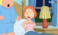 bed chris_griffin cum edit family_guy foxdarkedits incest lois_griffin picot_trim picot_trim_lingerie pink_lingerie red_lipstick screenshot screenshot_edit