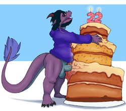 anthro asian_mythology balls barefoot bigsleepydragon birthday birthday_cake bottomless cake clothed clothing dragon east_asian_mythology eastern_dragon eroborus facial_hair feet food food_play hi_res hoodie humping_food male male_only mythology penis reptile scalie sex solo topwear