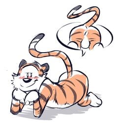 2019 anthro anus ass backsack balls black_nose blush calvin_and_hobbes cutaway felid fur head_tuft hobbes looking_at_viewer lying male male_only mammal on_front orange_body orange_fur pantherine raised_tail seductive simple_background smile solo stripes tiger torquewintress tuft white_background white_body white_fur