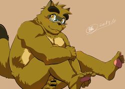 2019 anthro balls belly biped brown_body brown_fur canid canine censored eyewear flaccid fur glasses hi_res humanoid_hands kounosuke_(morenatsu) male male_only mammal mesidukainumaru moobs morenatsu nipples overweight overweight_male penis raccoon_dog simple_background sitting solo tanuki