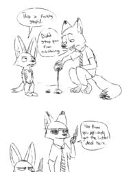 anthro barefoot black_and_white bottomwear canid canine clothed clothing comic dialogue disney duo english_text eyewear fennec finnick food fox glasses hi_res holding_object male male_only mammal monochrome necktie nick_wilde pants penis popsicle shirt simple_background sketch speech_bubble sunglasses text topwear visiti white_background zootopia