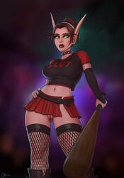 1girls 2019 5_fingers accessory arm_warmers armwear baseball_bat bat_(object) belt big_ears black_belt black_boots blizzard_entertainment blood_elf boots bottomwear breasts brown_hair choker clothing cosplay crossover elf elf_ears english_text facial_piercing female female_only fingers fishnet fishnet_legwear footwear green_ears green_eyes hair hair_accessory hairband hand_on_hip humanoid humanoid_pointy_ears jewelry jo-beth_casey legwear lip_piercing low-angle_view lynnaire midriff navel necklace nipple_outline ottomarr piercing plaid_skirt ponytail pussy shirt skirt solo solo_female spiked_choker tattoo text timesplitters timesplitters:_future_perfect topwear video_games warcraft world_of_warcraft worm's-eye_view