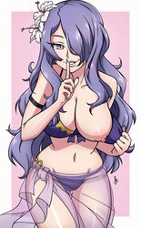 bikini breasts camilla_(fire_emblem) camilla_(summer)_(fire_emblem) cleavage fire_emblem fire_emblem_fates fire_emblem_heroes hand_on_breasts huge_breasts naughty_face purple_eyes purple_hair teasing