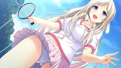 :d big_breasts blonde_hair breasts clothed clothed_female female female_only long_hair making_lovers naruse_saki panties purple_eyes skirt solo solo_female tennis_uniform young