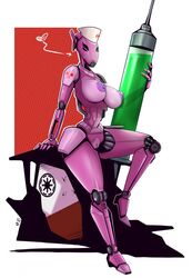 <3 + 2019 b1_battle_droid battle_droid big_breasts breasts clothing droid female hat headgear headwear heart hi_res karakylia machine nipples nurse pink_body pussy robot robot_girl rule_63 simple_background solo star_wars syringe thick_thighs vulva wide_hips