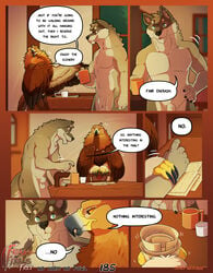 accipitrid accipitriform addison_(frisky_ferals) animal_genitalia anthro avian balls beak bird blush brown_body brown_eyes brown_feathers canid canine canis chair claws comic conditional_dnp cup devon_(frisky_ferals) dialogue digital_media_(artwork) door eagle english_text feathers female feral frisky_ferals fur furniture golden_eagle green_eyes grey_body grey_fur hand_on_hip head_tuft hi_res hindpaw inside male mammal navel no_harm_no_fowl nude open_mouth orange_sclera page_185 paper paws perch scar sefeiren sheath size_difference smile speech_bubble standing table text tongue tree true_eagle tuft window wings wolf