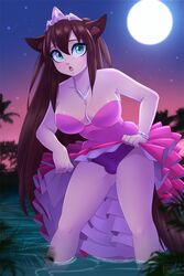 1futa 2019 animal_ears animal_humanoid aqua_eyes big_breasts blue_eyes breasts brown_hair bulge cat_ears cat_humanoid cleavage clothing clothing_lift dannyckoo dress dress_lift felid felid_humanoid feline feline_humanoid futa_only futanari gynomorph hair hi_res humanoid intersex jewelry kemonomimi long_hair mammal mammal_humanoid moon night open_mouth outside pale-skinned_futanari pale_skin panties partially_submerged pink_dress purple_panties solo star surprise tresertf underwear very_long_hair water