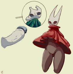 big_breasts bottomless breasts cape cloak clothed clothing drawfruit featureless_crotch female hollow_knight hornet_(hollow_knight) humanoid_penis imminent_sex male nipples_visible_through_clothing offscreen_character penis red_cape simple_background sweat tan_background under_boob