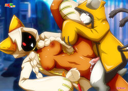 animal_humanoid big_breasts blazblue bodily_fluids breasts cat_humanoid clothed clothing cum digital_media_(artwork) duo felid felid_humanoid feline feline_humanoid female fur genital_fluids hair humanoid jubei_(blazblue) kaka_(blazblue) male mammal mammal_humanoid nipples penis pussy red_eyes sex taokaka tongue video_games