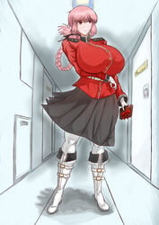 1girls big_breasts big_thighs black_dress boots braided_hair breasts chocolate curvy dress fate/grand_order fate_(series) female florence_nightingale_(fate) gift grey_background hallway holding_gift holding_object long_hair looking_away nervous pink_hair red_eyes red_shirt solo_female standing thick_thighs tied_hair valentines_day voluptuous white_boots