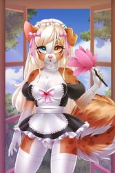 2018 anthro apron blonde_hair blue_eyes breasts canid canine canis choker clothing cloud dannyckoo day domestic_dog feather_duster female fluffy_tail gloves hair handwear heterochromia hi_res jewelry legwear long_hair looking_at_viewer maid maid_uniform mammal necklace no_underwear open_mouth pussy ribbons rika_(luckstardices) solo stockings tresertf uniform window yellow_eyes