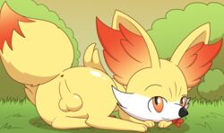 1boy 3_toes anus ass cel_shading digital_media_(artwork) dipstick_tail femboy fennekin feral fur furry hi_res inner_ear_fluff looking_at_viewer lying male male_only multicolored_tail nintendo orange_eyes pokémon_(species) pokemon pokemon_(species) pokemon_xy presenting raised_tail sallandril smile solo tail testicles toes tuft video_games white_body white_fur yellow_body yellow_fur