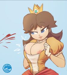 1girls areolae big_breasts blood blue_background blue_eyes breasts brown_hair cleavage clothing crown dress female female_only flashing flashing_breasts gloves hair half-closed_eyes inkershike large_breasts lips looking_at_another mario_(series) nintendo nipple_slip nipples nosebleed offscreen_character princess princess_daisy seductive simple_background solo standing teasing tight_clothing topless video_games watermark
