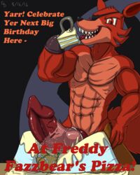 animal_genitalia animal_penis anthro anthrofied biceps big_penis black_nose bottomwear broken_condom cake canid canine canine_penis clothed clothing condom eye_patch eyewear fangs five_nights_at_freddy's food food_play fox foxy_(fnaf) fur glenskunk hi_res hook huge_cock knot male male_only mammal muscular muscular_male open_mouth pants penis red_body red_eyes red_fur sharp_teeth solo teeth text topless video_games