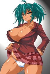 aqua_hair breasts cleavage earrings green_eyes green_hair huge_breasts ikkitousen jewelry panties plaid plaid_skirt ryofu_housen skirt tan tartan tied_hair twintails underwear