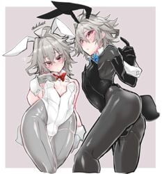 1boy ass blush bowtie bulge bunny_ears bunnysuit crossdressing fate/apocrypha fate_(series) femboy girly grey_hair haoro looking_back short_hair sieg_(fate/apocrypha) solo thighhighs