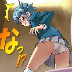 blue_hair enf female female_only flat_chest haruyama human japanese_text keroro_gunsou lowres momoka_nishizawa nishizawa_momoka panties pantyshot school_uniform serafuku short_hair text underwear