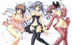 3girls akane-iro_ni_somaru_saka bed blue_eyes bottomless breasts brown_hair female female_only hand_holding highres holding_hands izumi_tsubasu katagiri_yuuhi lowleg lowleg_panties lying mikoto_tachibana minato_nagase multiple_girls nagase_minato nipples no_panties open_clothes open_shirt pajamas panties purple_hair ryohka ryouka_(suzuya) shirt side-tie_panties tachibana_mikoto thighhighs underwear wallpaper yuuhi_katagiri