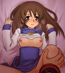 amer bed blush breasts brown_eyes brown_hair female nipples on_back shirojiro_shiro solo summon_night summon_night_2