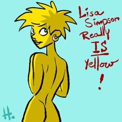 1girls ass back back_view blue_eyes closed_mouth color english_text female female_only hair hellstroem human lisa_simpson looking_at_viewer looking_back nude pointy_chin round_ears short_hair solo spiky_hair text the_simpsons yellow_body yellow_hair yellow_skin