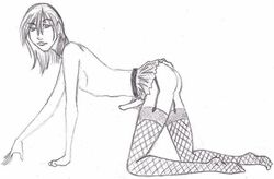 1boy all_fours animorphs artist_request crossdressing erection femboy fishnet_stockings fishnets garter_straps long_hair long_hair_male male male_only marco_(animorphs) microskirt miniskirt monochrome penis sketch solo twink