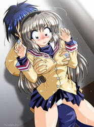 blush breast_grab breasts clannad clothing crotch_rub drop erect_nipples from_behind hairband master_woo okazaki_tomoya panties sakagami_tomoyo school_uniform serafuku silver_hair skirt straight_hair sweat sweatdrop tomoya_okazaki tomoyo_sakagami underwear