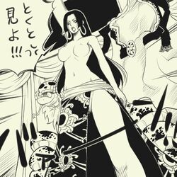 1girls animal boa boa_hancock breasts female female_only hairu lowres monochrome nipples one_piece pussy salome_(one_piece) snake solo_focus straight_hair topless translated uncensored