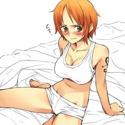 1girls barefoot blush boyshorts brown_eyes clothes color erect_nipples female female_only hair human midriff mosha nami one_piece orange_hair pointy_chin pre-timeskip short_hair sitting solo straight_hair tattoo work_in_progress