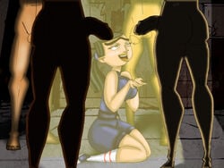 1girls 4boys begging drago-flame eva_(tdi) female gangbang human human_only kneeling male penis smile straight straight_hair total_drama_island unseen_male_face