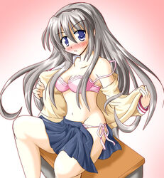 blush bra clannad clothing desk hiiragi_tomoka lingerie panties pink_panties sakagami_tomoyo school_uniform side-tie_panties silver_hair skirt straight_hair tomoyo_sakagami underwear undressing