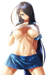 blue_hair breasts hair_over_one_eyes ikkitousen kan'u_unchou kanu_unchou large_breasts long_hair midriff navel nekomamire school_uniform serafuku shirt_lift underboob very_long_hair