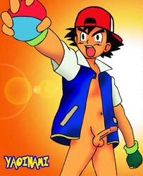 artist_name ash_ketchum backwards_baseball_cap baseball_cap black_hair erection fingerless_gloves game_freak gloves holding_pokeball male male_only penis pokeball pokemon pokemon_(anime) solo spiky_hair yaoinami