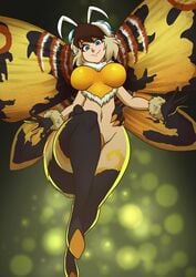 1girls blue_eyes breasts godzilla godzilla_(series) kaiju kaiju_girl kaiju_girls_(webcomic) looking_at_viewer moth_girl moth_wings mothra mothra_(series) thick_thighs toho witchking00