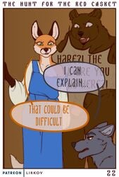 2019 absurd_res anthro brown_body brown_fur canid canine canis clothed clothing comic dialogue digital_media_(artwork) english_text female fox fur hi_res lirkov male mammal nude page_22 page_number penis red_fox simple_background text the_hunt_for_the_red_casket ursid wolf