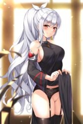 1girls bangs bare_shoulders black_dress black_legwear blurry blurry_background blurry_foreground blush breasts brown_eyes closed_mouth clothes_lift cowboy_shot cross cross_necklace detached_sleeves dress dungeon_and_fighter dungeon_fighter_online eyebrows_visible_through_hair female garter_belt grey_hair groin hair_ribbon highres jewelry large_breasts long_hair looking_at_viewer maemi_(maemi12) necklace pelvic_curtain pelvic_curtain_lift pussy ribbon sidelocks skindentation smile solo thighhighs uncensored very_long_hair white_ribbon wide_sleeves