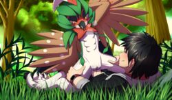 1boy 1girls absurd_res anthro anthro_penetrated arm_up armpits beak big_feet big_penis black_hair blue_eyes brown_feathers claws clothed_male_nude_female decidueye eye_contact feet female female_decidueye female_on_top female_penetrated flat_chest forest grass green_feathers half-closed_eyes heavy_breathing hi_res human human_on_anthro human_penetrating human_penetrating_anthro interspecies larger_male male male_on_anthro male_penetrating male_penetrating_female mammal messer-aramis motion_lines nintendo nude on_back on_top open_mouth original_character penetration penis penis_out pokémon_(species) pokemon pokemon_sm pokephilia pussy pussy_juice riding sex short_hair size_difference smaller_female smile spread_legs thick_penis thick_thighs tree vaginal_penetration video_games watch wet white_feathers wings yellow_eyes