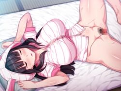 animal_ears ayatsuji_aina ayatsuji_reina black_hair blush censored dskbjcs_dosukebe_juicies game_cg hoodie orc_soft pubic_hair sleeping spread_legs