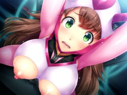 bodysuit breasts brown_hair close game_cg green_eyes headdress himesato_momoka kousoku_seiki_pallas_athena long_hair mario_(artist) nipples orc_soft pallas_athena_lumiel pussy_juice