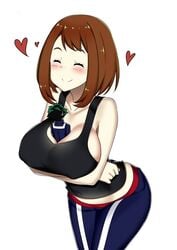 1boy 1girls between_breasts blush breast_smother brown_hair closed_eyes duo giantess green_hair heart izuku_midoriya macro_female micro_in_cleavage micro_male micro_on_macro miniboy miniguy my_hero_academia ochako_uraraka person_between_breasts size_difference smaller_male