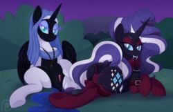 2019 2girls alicorn animal_genitalia anus ass big_ass blue_eyes clitoris clothed clothed_feral clothing cutie_mark dark_persona darkened_genitals digital_media_(artwork) dock duo equid equine_anus equine_pussy eyelashes fangs feathered_wings feathers female female_only feral friendship_is_magic furry grass hair halloween hi_res hooves horn legwear looking_at_viewer lying mammal multicolored_hair multicolored_tail my_little_pony my_little_pony_(idw) night nightmare_moon_(mlp) nightmare_rarity nun on_front outside patreon pearlyiridescence plant pony princess_luna_(mlp) puffy_anus pussy rarity_(mlp) shrub sky spread_legs spreading star starry_sky text underhoof underwear unicorn wings