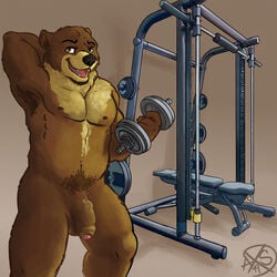 1:1 1boy alphasabre animal_humanoid anthro balls ballsack bara bear big_penis brown_body brown_fur exercise flaccid_penis foreskin fur furry gym hi_res humanoid_penis intact male male_nipples male_only male_pubic_hair mammal masculine musclegut muscular_male nude_male partially_retracted_foreskin pecs penis scrotum solo testicles uncut ursid veiny_penis workout