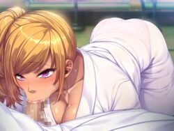 ass blonde_hair blush censored clothing dark_skin fellatio game_cg oral_sex orc_soft panties penis purple_eyes sakura_rui shikijou_kyoudan sumeragi_kohaku