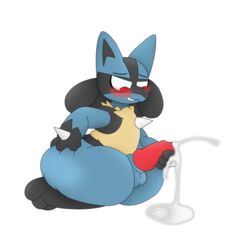 1boy absurd_res anthro ass big_ass big_eyes big_penis black_fur blue_fur blush bodily_fluids bottom_heavy canine chubby cum cumshot ejaculation erection furry fuzefurry genital_fluids half-closed_eyes hi_res kneeling knot looking_down lucario male male_only mammal masturbation nintendo no_nipples orgasm penile_masturbation pokemon pokemon_(species) pokemon_dppt red_eyes sheath smile solo spikes testicles thick_thighs video_games white_background wide_hips yellow_fur