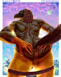 2019 5_fingers accipitrid accipitriform aircraft airplane anthro anus ass avian back_muscles backsack balls beak bedroom_eyes biceps bird black_beak black_body black_feathers black_fur brown_body brown_eyes brown_feathers clothing cloud contrail dado463art detailed_background digital_media_(artwork) eagle erection feathers fingers fur half-closed_eyes hi_res holding_butt looking_at_viewer looking_back low-angle_view male male_only muscular muscular_male nude penis perineum philippine_eagle pirate_eagle planet presenting presenting_anus presenting_hindquarters rear_view seductive signature sky smile smirk solo spread_anus spread_butt spreading standing star starry_sky tail_feathers tree underwear underwear_down yellow_body yellow_fur