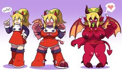 2018 ass_expansion bedroom_eyes big_breasts blonde_hair breast_expansion breasts capcom clothed clothing collar corruption demon demon_girl demon_horns demon_tail demon_wings female hair half-closed_eyes heart heeled_feet hi_res horns huge_ass huge_breasts human human_to_humanoid humanoid looking_at_viewer mammal mega_man mostly_nude navel nipples prinnydood pussy red_skin roll seductive sequence skin_color_change solo spade_tail standing surprise thick_thighs tongue tongue_out torn_clothing transformation transformation_sequence video_games wide_hips wings