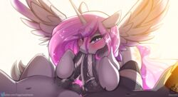 2019 alicorn cutie_mark double_oral equid faceless_male fan_character feathered_wings feathers fellatio female feral friendship_is_magic group highres horn male mammal medial_ring my_little_pony navel oral princess_celestia_(mlp) princess_molestia sex silver_sickle_(oc) solo_focus straight sugarlesspaints vein wings