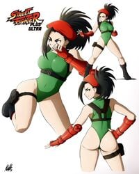 1girls 2019 alternate_costume ass beret black_hair boots breasts cammy_white_(cosplay) cosplay cowboy_shot female female_only fighting_stance fingerless_gloves gloves high_heel_boots kellzallday legs_apart leotard long_hair looking_at_viewer momo_yaoyorozu my_hero_academia solo street_fighter thighs