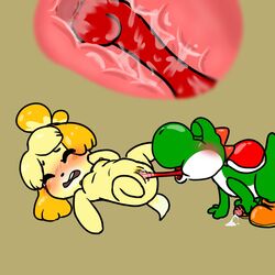 1:1 animal_crossing anthro blush bodily_fluids breasts canid canine cervix closed_eyes crying cunnilingus deep_cunnilingus digital_media_(artwork) duo embarrassed female genital_fluids hi_res internal interspecies isabelle_(animal_crossing) long_tongue lying male mammal mario_(series) masturbation muffinlewds nintendo nipples on_back oral penile penile_masturbation penis pussy sex spread_legs spreading straight tears tongue tongue_out vaginal_penetration video_games yoshi