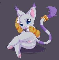 anus blue_eyes blush bodily_fluids cum cum_inside cum_leaking digimon digimon_(species) felid female female_focus gatomon genital_fluids mammal otsu pussy simple_background solo